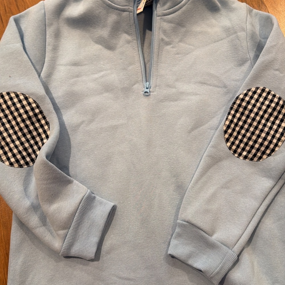 Kids Light Blue Half-Zip Sweatshirt with Checkered Elbow Patches